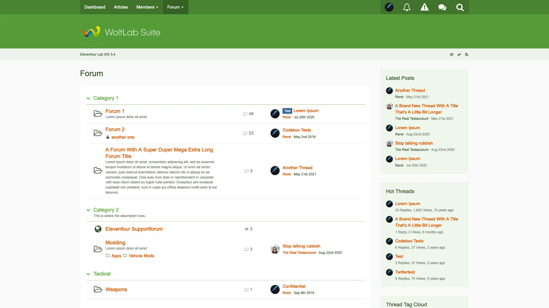 Screenshot of the Core Green style showing WoltLab Suite Forum's board List