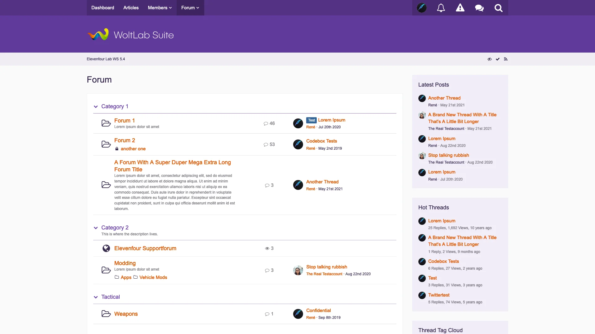 Screenshot of the Core Purple style showing WoltLab Suite Forum's board List